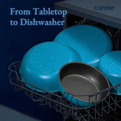 CAROTE 21pcs Pots and Pans Set, Nonstick Cookware Set Detachable Handle, Induction Kitchen Cookware Sets Non Stick with Removable Handle, RV Cookware Set, Peacock Blue - Image 7