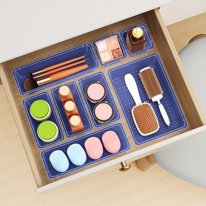 ElegantArray 12 PCS Drawer Organizer Set, 4 Sizes Tool Storage Trays, Clear Plastic Makeup Vanity Organizer and Storage Bins for Stationeries, Multiple Gadgets for Office, Bedroom, Navy Blue - Image 7