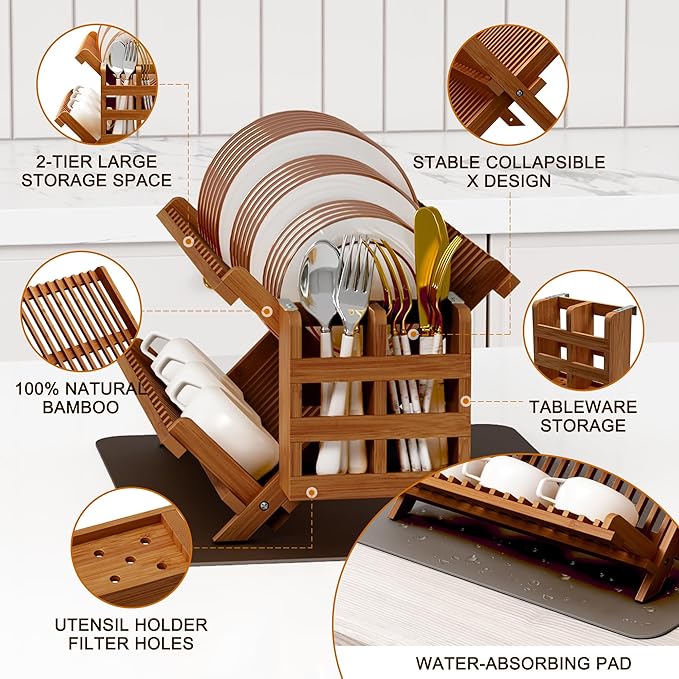 Greenual Teak Dish Drying Rack with Utensil Holder, 2 Tier Collapsible Dish Rack, Wooden Dish Racks for Kitchen Counter, Folding Drying Holder with Absorbent Dish Drying Mat - Image 5