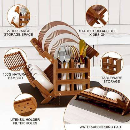 Greenual Teak Dish Drying Rack with Utensil Holder, 2 Tier Collapsible Dish Rack, Wooden Dish Racks for Kitchen Counter, Folding Drying Holder with Absorbent Dish Drying Mat - Image 5
