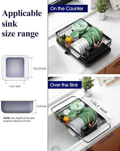 Kitsure Dish Drying Rack for Kitchen Counter, Stainless Steel Sink Organization and Storage Essentials with Cutlery Holder, Home and Appartment Decor, 12.2''W x 15.7''~23''L, Black - Image 5