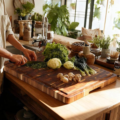 Utoplike Large Acacia Cutting Board 22 x 16 inch, End Grain Largest Wooden Butcher Block for Turkey, Meat, Vegetables, BBQ, Chopping Board with Handle and Single-side Juice Groove, 1.38"Th