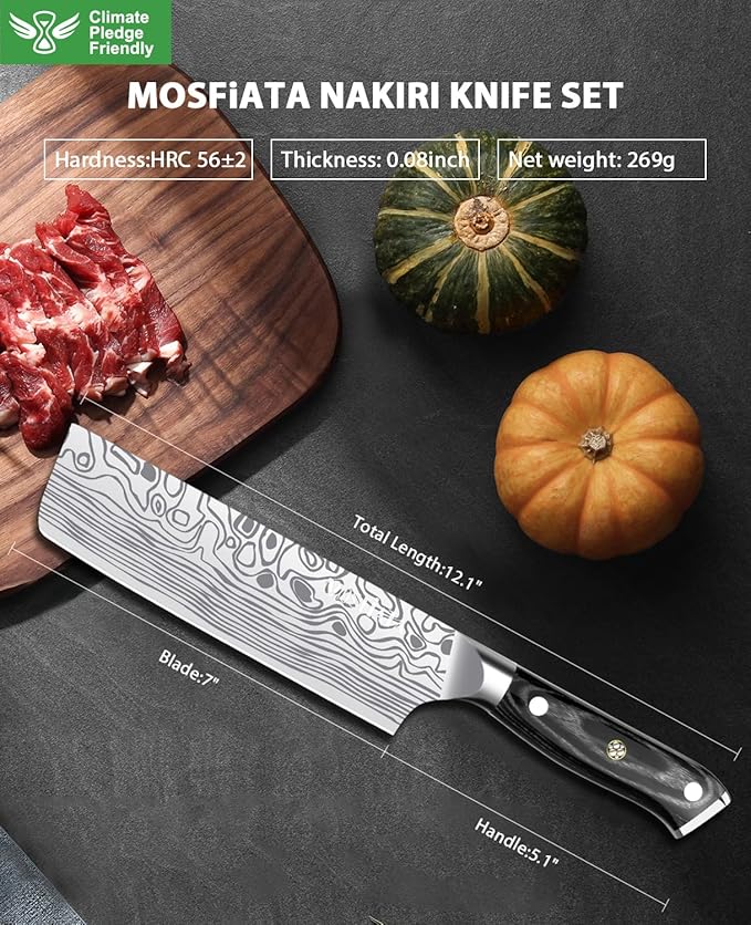 MOSFiATA 7” Nakiri Chef's Knife with Finger Guard, German High Carbon Stainless Steel EN1.4116 Vegetable Knife, Multipurpose Kitchen Knife with Micarta Handle in Gift Box - Image 9