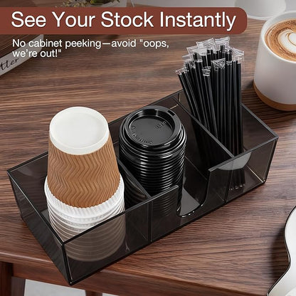 Acrylic Coffee Cup Holder for Countertop Breakroom, 3 Slots Acrylic Coffee Bar Accessories and Organizer+4 Anti Slip Silicone Pads, Clear Coffee Station Organizer for Cup Lid Straw, Grey