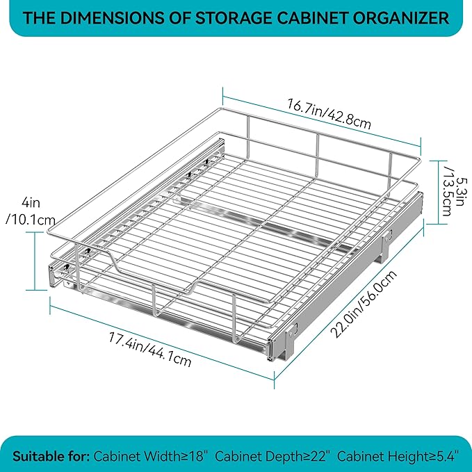 Pull Out Cabinet Organizer 17" W X 22" D, Slide Out Drawers For Kitchen Organizers and Storage, Pull Out Drawers For Cabinets Capacity Heavy Duty Caddy, Cabinet Shelves Chrome-Plated, Bathroom Pantry - Image 2