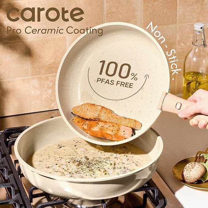 CAROTE 25PCS Ceramic Cookware Set, Pots and Pans set Non Stick, RV Kitchen Cooking Set Removable Handles, Oven Safe, Induction Cookware, Non-toxic Kitchen Cooking Set, PFAS and PFOA Free - Image 3