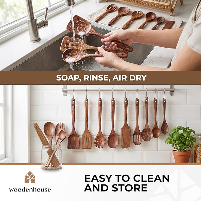 Wooden Spoons for Cooking – 13 Pcs Premium Teak Wooden Utensil Set - Durable, Safe for Nonstick Cookware, Easy to Clean & Heat Resistant Kitchen Utensils Set Wood with Ergonomic Handles - Image 6
