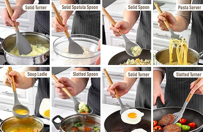 Zulay Kitchen Utensils Set Non-Stick Silicone Cooking Utensils Set with Authentic Acacia Wood Handles - 8 Piece Set - Silicone Kitchen Utensils Set with 464°F Heat Resistance - Gray - Image 3