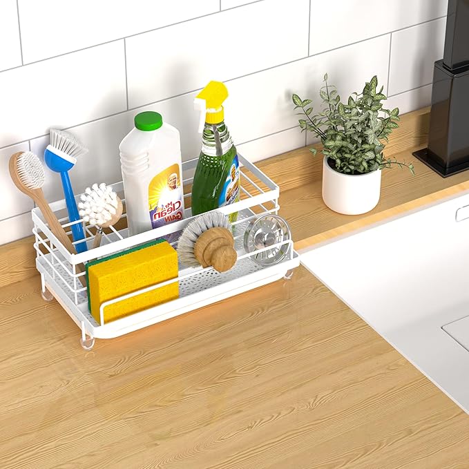 Cisily Sink Caddy Organizer, Kitchen Sink Accessories with Drip Tray, Rustproof and Non-Slip, White - Image 6