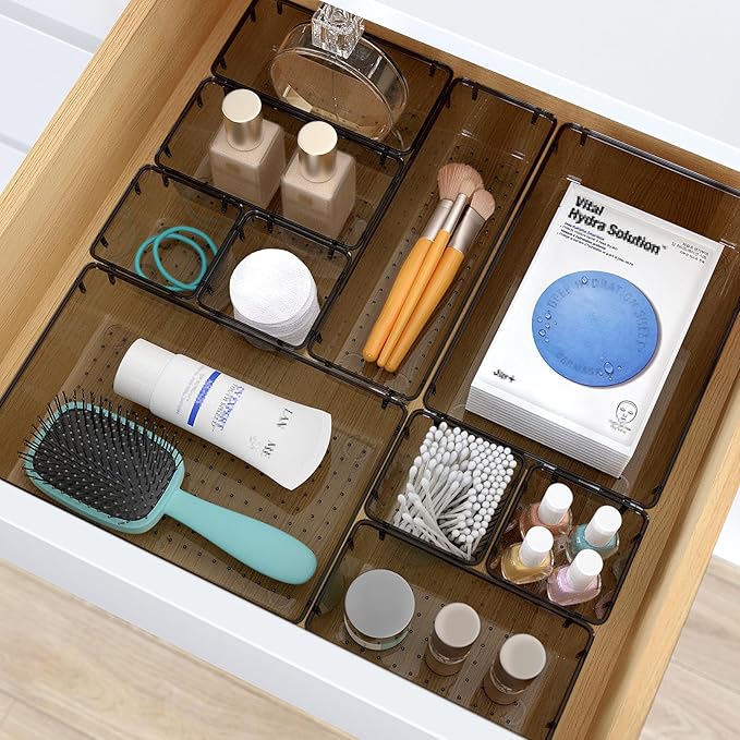 StorMiracle 7 PCS Clear Plastic Drawer Organizers Set, 4 Size Desk Drawer Organizer Trays for Makeup, Jewelry, Kitchen Utensils, Gadgets and Office Accessories, Black - Image 5