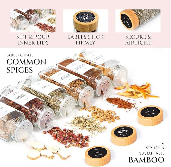 FINESSY Bamboo Glass Spice Jars with Labels and Shaker Lids Clear Empty 4oz 24 Pack Bottles Set, Glass Spice Containers with Labels, Seasoning Organizer Jars - Image 5