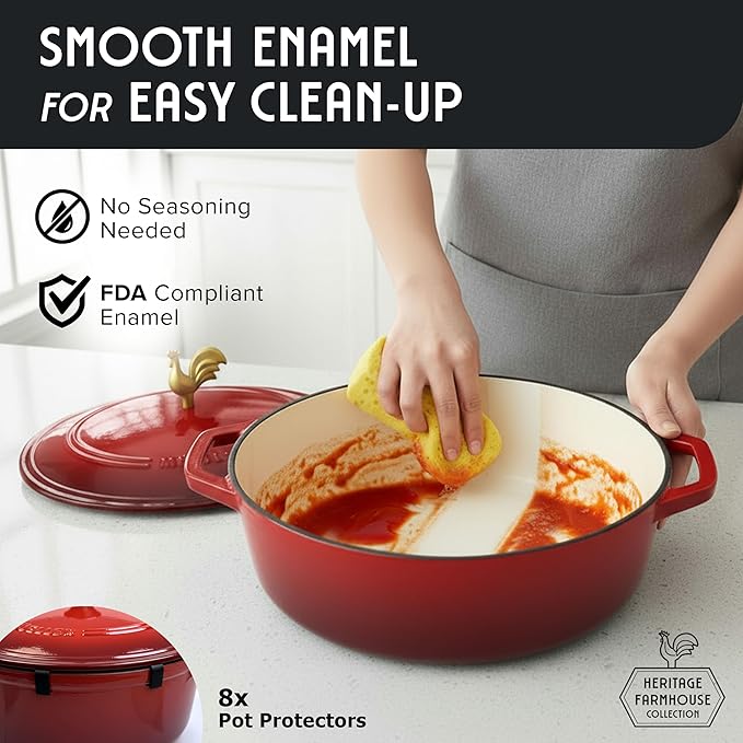 MUELLER HOME 5.5 Quart Enameled Cast Iron Oval Dutch Oven w Rooster Knob & Cotton Potholders, Heavy-Duty Cookware, Oven-Safe up to 500° F & Across All Cooktops, Gifts for Grandma & Women, Red - Image 7