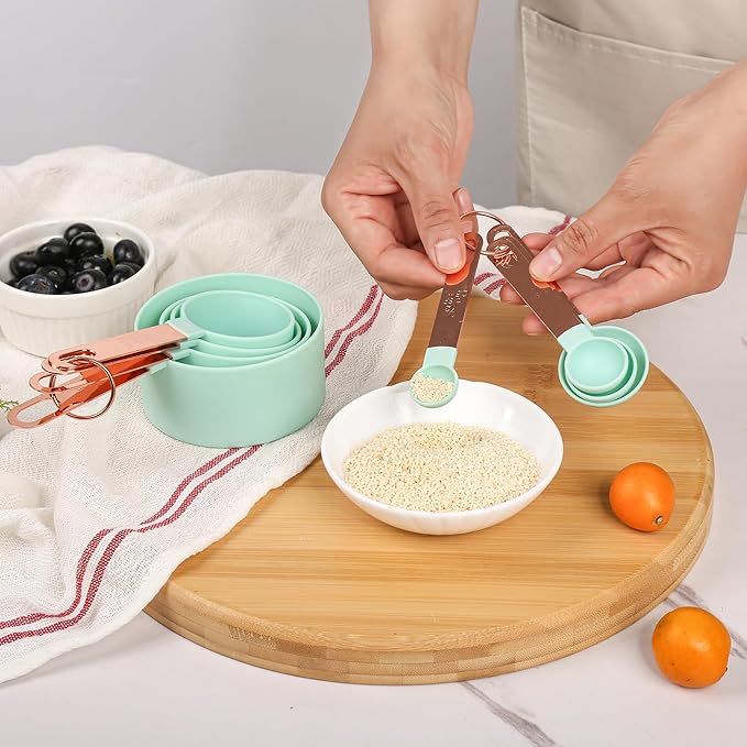 8-Piece Stackable Rose Gold Stainless Steel Handled Measuring Cups and Spoons for Measuring Dry and Liquid Ingredients (black)