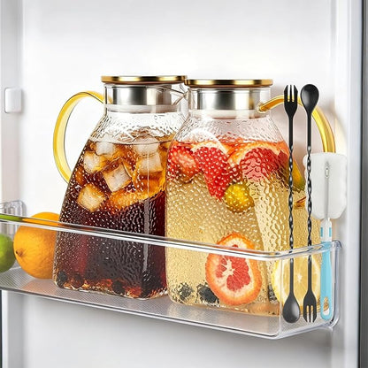 2 Pack Glass Pitcher with Lid and Handle, 1.8 Liter 60 oz Water Jugs for Fridge, Iced Tea Pitcher, Juice Carafe, Milk, Coffee, Hot/Cold Beverage Container（With Mixing Spoon and Cup Brush）