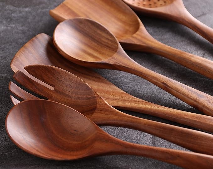 6Pcs Wooden Utensil Set, Natural Acacia Wooden Spoons for Cooking, Non-Stick, Smooth Finish, Easy to Clean, Comfort Grip, Kitchen Wooden Cooking Utensils Set