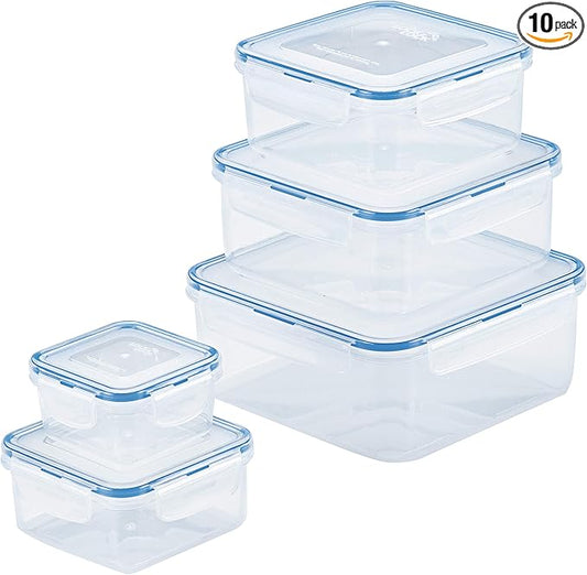 LOCK & LOCK Easy Essentials Food Storage lids/Airtight containers, BPA Free, 10 Piece - Square, Clear