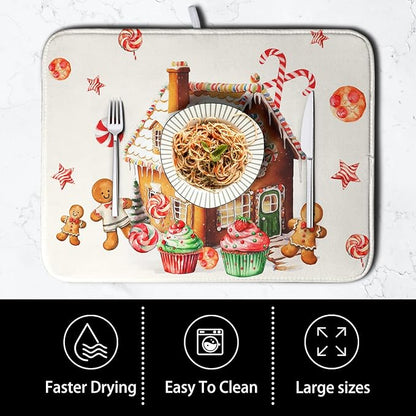 Christmas Gingerbread Man Drying Mat for Kitchen Counter Winter Cute Gingerbread House Candy Cane Cookies Dish Drying Mats Xmas Holiday Dish Drainer Mats Absorbent Reversible Drying Pad 18x24 Inch - Image 4