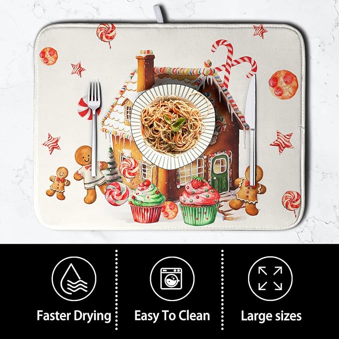 Christmas Dish Drying Mat for Kitchen Counter 16x18 Gingerbread House Man Candy Canes Cookie Cake Drying Mat for Dishes Xmas Winter Holiday Microfiber Drying Pad Dish Drying Pad for Coffee Bar Sink - Image 4