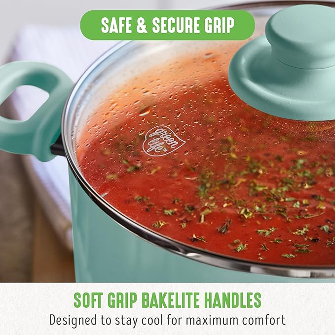 GreenLife 6QT Nonstick Stockpot with Straining Lid, Soft Grip, PFAS-Free Ceramic, Pour Spout, Multipurpose Cooking Pot, Sauces & Soups, Milk Pan, Stay-Cool Handles, Dishwasher & Oven Safe, Turquoise - Image 5