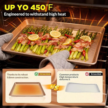 Professional Non-Stick Baking Sheets Set, 3-Piece Heavy Duty Carbon Steel Cookie Sheets with Oven Safe & Even Heating for Baking, Roasting, Cooking (Champagne Gold)
