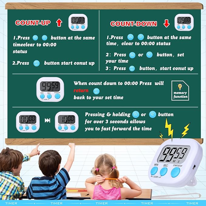 Mwellewm 12Pcs Digital Timers for Classroom Kitchen Timers for Cooking Small Magnetic Stopwatch Mini Countdown Timer Loud Alarm Stop for Study Work Baking Sports Games Office Timer Clock (White) - Image 4
