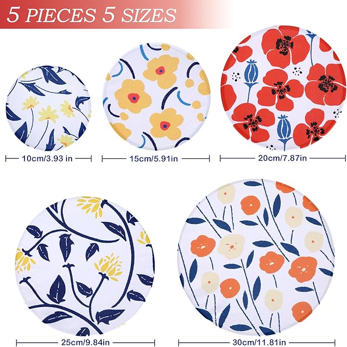 5 Pieces Bowl Covers Reusable, 5 Size Stretch Cloth Covers for Bread Proofing Fabric Elastic Food Covers Washable for Food Fruits Leftover (Floral) - Image 2