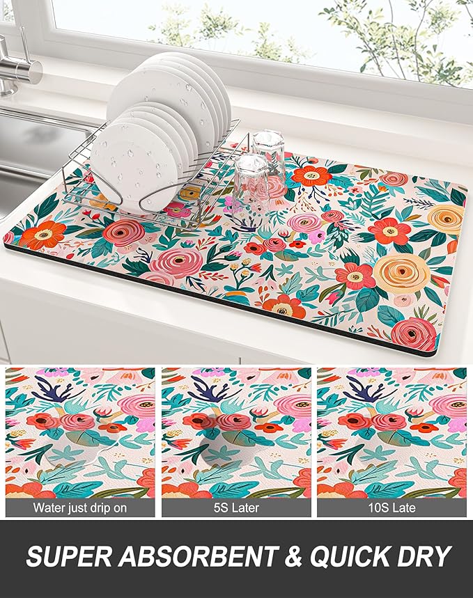 Rnivvi Dish Drying Mat for Kitchen Counter, 12 x 19" Cute Flower Super Absorbent Draining Pad, Non-Slip Heat Resistant Coffee Bar Mats for Coffee Machine Station Accessories, Colorful Dish Rack Pad - Image 3