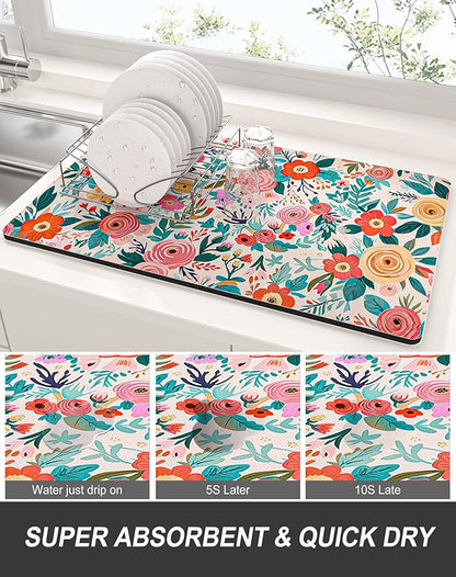Rnivvi Dish Drying Mat for Kitchen Counter, XL 15 x 24" Cute Flower Super Absorbent Draining Pad, Non-Slip Heat Resistant Coffee Bar Mats for Coffee Machine Station Accessories, Colorful Dish Rack Pad - Image 3