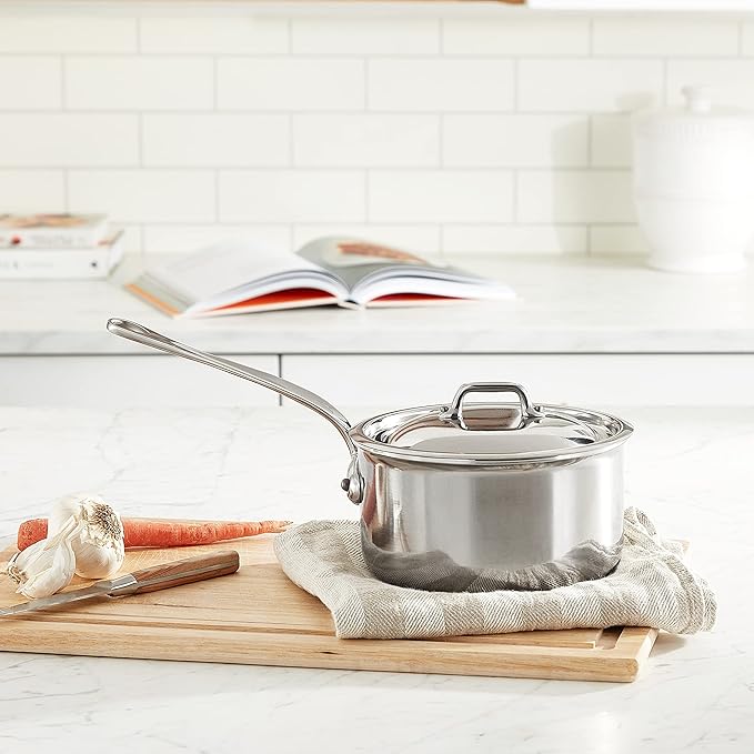 Mauviel M'Cook 5-Ply Polished Stainless Steel Sauce Pan With Lid, And Cast Stainless Steel Handle, 1.8-qt, Made In France