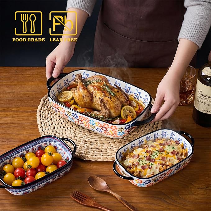Ceramic Casserole Dishes for Oven, Hand-painted Polish Pottery Baking Dish Set of 2, 0.8QT / 2QT Porcelain Casserole Dish with Handles, Baking Pan Lasagna Pan, Gift for Family/Friend (Yellow) - Image 6