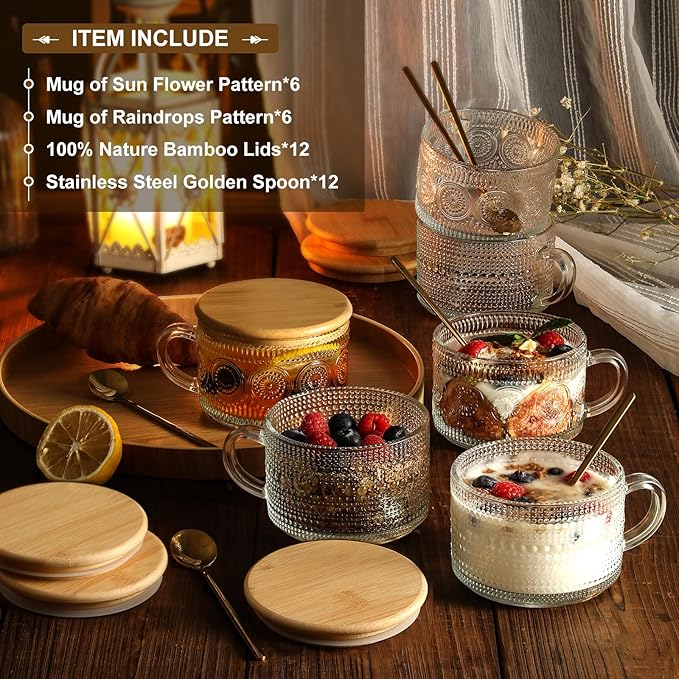 LANDNEOO 12pcs Set Irish Coffee Glasses, Vintage Coffee Mugs, Overnight Oats Containers with Bamboo Lids and Spoons - 14oz Clear Embossed Glass Cups, Cute Coffee Bar Accessories, Iced Coffee Glasses - Image 2