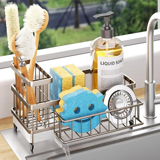 Consumest Sponge Holder for Kitchen Sink - Auto Draining Sink Caddy Organizer with Detachable Rack, High Brush Holder, Kitchen Countertop Storage Accessories, Sand Nickel by Consumest