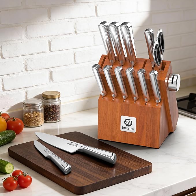 imarku High Carbon Stainless Steel Gyutou Knife Set with Block, Precision-Forged Razor Sharp 10–15° Edge, Ergonomic Non-Slip Handle, Built-in Sharpener, Brown, Best Gift Choice, Cooking Enthusiasts - Image 6