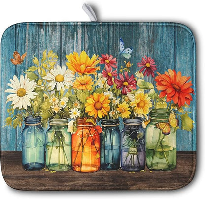 Daisy Dish Drying Mat for Kitchen Counter 16x18 Inch Rustic Vintage Flower Vases Drying Mats Microfiber Absorbent Dishes Drainer Mats Farmhouse Floral Wooden Board Dish Rack Pad by Kwlegh