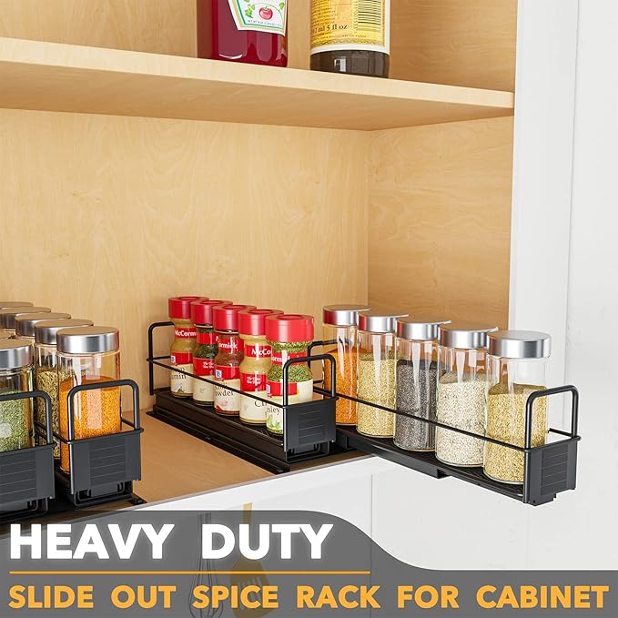 SpaceAid Pull Out Spice Rack Organizer for Cabinet, Heavy Duty Slide Out Seasoning Kitchen Organizer, Cabinet Organizer, with Labels, 5.2" W x10.8 D x4 H, 2 Drawers 1-Tier - Image 3