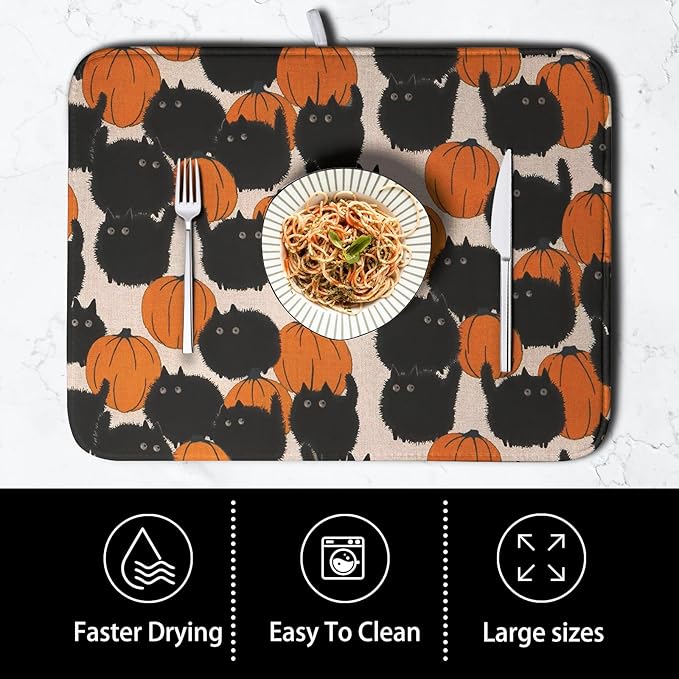 Happy Halloween Dish Drying Mat for Kitchen Counter 18x24 Inch Cute Pumpkin Black Cat Trick or Treat Drying Mats Large Microfiber Absorbent Dish Rack Pad for Coffee Bar Sinks Home Accessories - Image 4