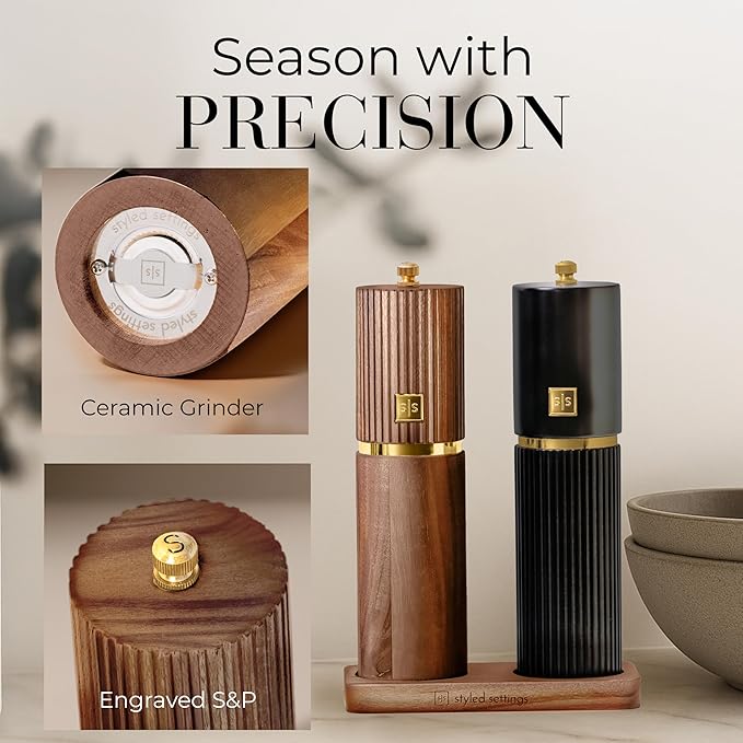 Wooden Salt and Pepper Grinder Set – Refillable Manual Salt and Pepper Mills with Adjustable Ceramic Burrs, Gold Detailing, and Wood Stand – Black and Dark Wood - Image 3
