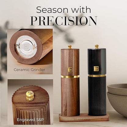 Wooden Salt and Pepper Grinder Set – Refillable Manual Salt and Pepper Mills with Adjustable Ceramic Burrs, Gold Detailing, and Wood Stand – Black and Dark Wood - Image 3