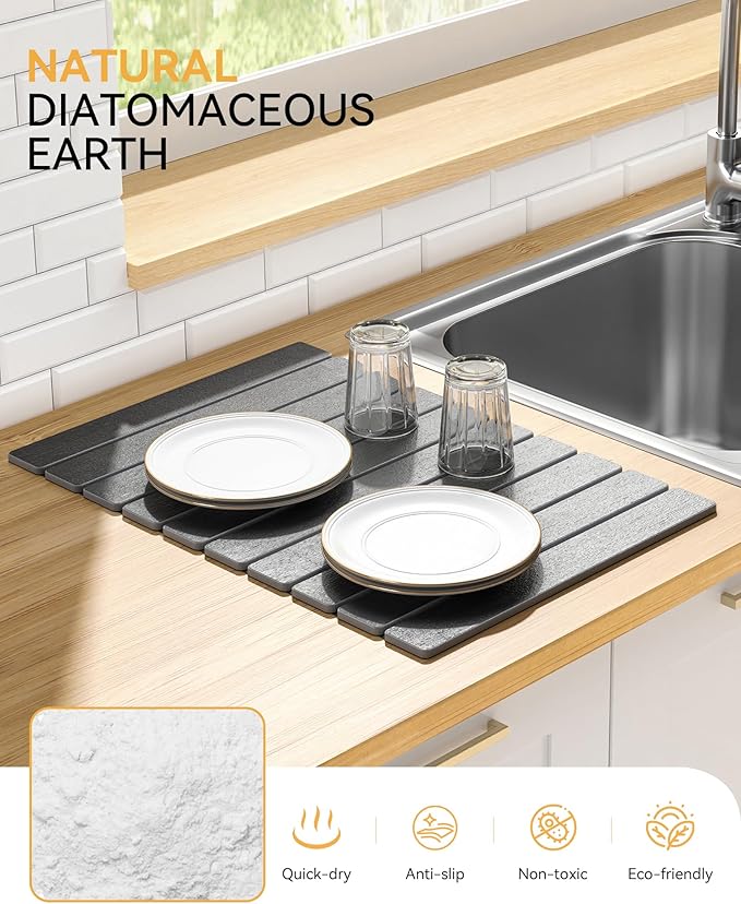 Yofidra Large Stone Dish Drying Mat for Kitchen Counter, Quick Dry Stone Mats with Absorbent Diatomaceous Earth, Foldable Roll Up Drying Organizer Pad for Utensils Plate, 24"×16", Dark Gray - Image 2