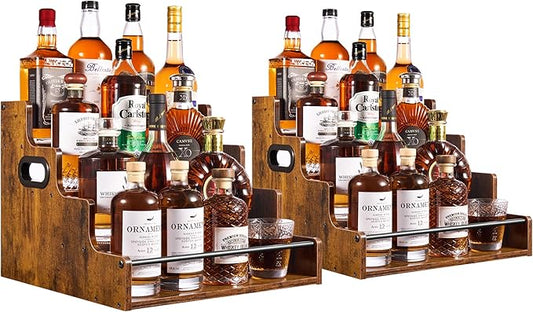 YQBRAO 2 Pack 4-Tier Liquor Bottle Display Shelf, 16-Inch Wooden Bar Shelves for Liquor Bottles, Countertop Whiskey Shelf and Bourbon Shelf Organizer for Home Bar, Kitchen (Rustic Brown)