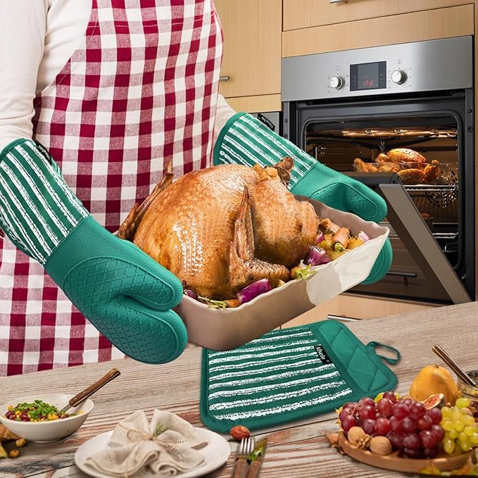 Alselo Silicone Oven Mitts Heat Resistant 932℉ with Waterproof & Non-Slip Kitchen Mittens, Set of 2 Extra Long Oven Gloves with Soft Cotton Terry Lining for Baking Cooking Barbecue (Emerald Green, 2) - Image 4