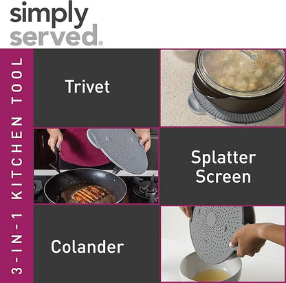 Silicone Splatter Screen, Multi-Use Kitchen Tool, Protect Stovetop and Counters, 3-in-1 Silicone Kitchen Trivet, Splatter Screen, and Colander Lid, Gray - Image 6