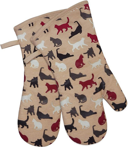 Oven Mitts Gloves 1 Pair Heat Resistant 480 ℉ Non Slip Clear Silicone Printed Comfortable Cotton Lining Kitchen Women Men Cooking Barbecue Microwave Machine Washable (Cat, Khaki Mittens)