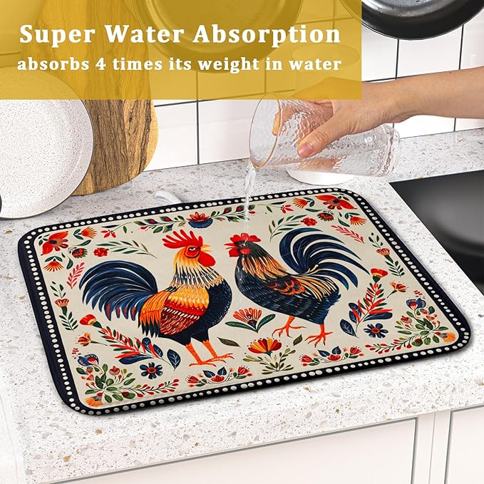 Roosters Chicken Dish Drying Mat for Kitchen Counter Absorbent Microfiber Drying Pad 16 x18 In - Image 7