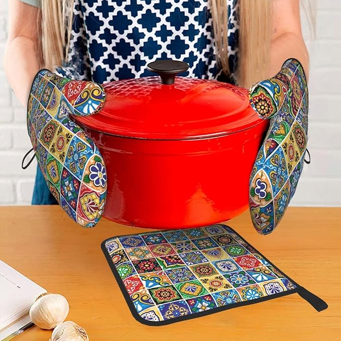Mexican Talavera Tile Oven Mitts and Pot Holders Sets of 3, Heat Resistant Non-Slip Polyester Colorful Talavera Kitchen Gloves Gifts for Cooking Lovers, Vibrant Kitchen Decor for Baking BBQ Cooking - Image 3