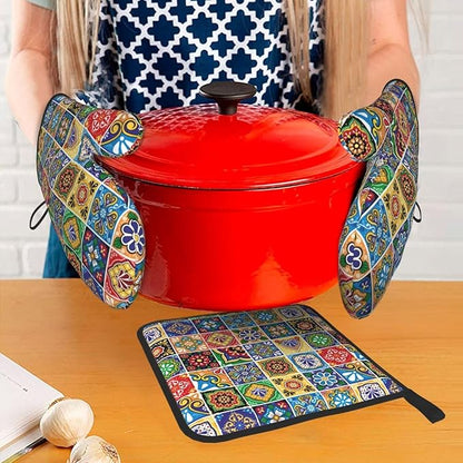 Mexican Talavera Tile Oven Mitts and Pot Holders Sets of 3, Heat Resistant Non-Slip Polyester Colorful Talavera Kitchen Gloves Gifts for Cooking Lovers, Vibrant Kitchen Decor for Baking BBQ Cooking - Image 3