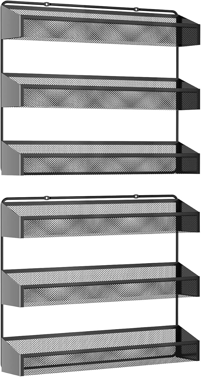 AULEDIO 2 Pack Spice Rack Organizer, 3 Tier Counter-top Stand or Wall Mounted Storage Rack Hanging Shelf for Kitchen Cabinet, Cupboard, Pantry Door Bathroom Shower Cosmetic (Black) - Image 2