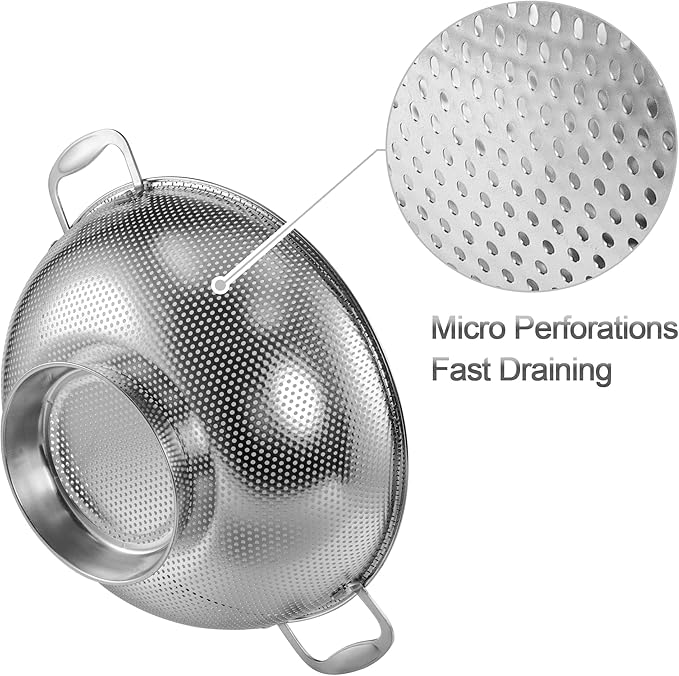 Tiawudi Large 6-Qt Colander, 18/8 Stainless Steel Mesh Strainer for Kitchen, Food Sieve with Riveted Handles and Self-draining Solid Ring Base, Great for Pasta, Rice, Vegetables and Fruits - Image 5