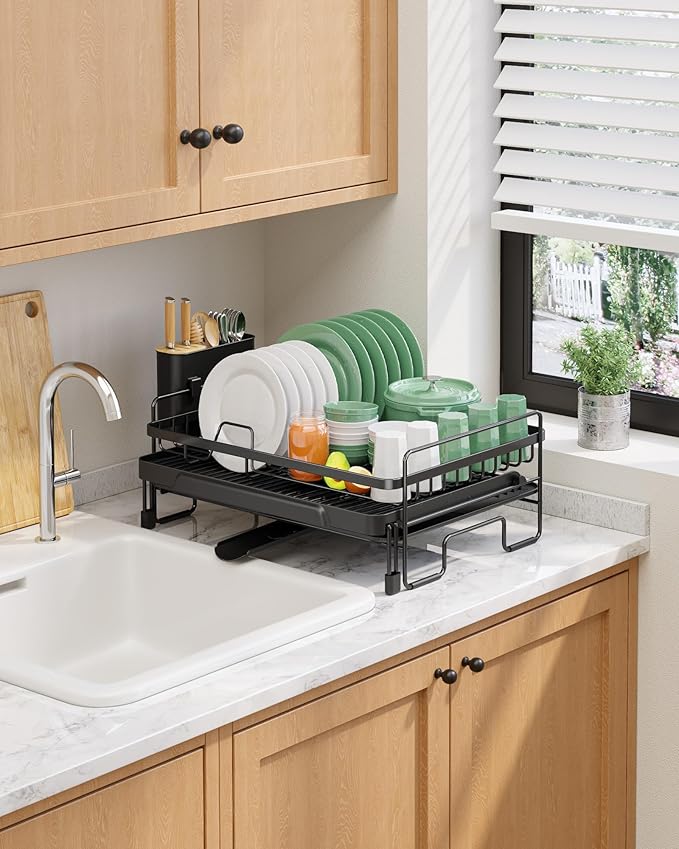 Kitsure Extendable Dish Drying Rack - Adjustable Length 12.8"–21.0", Auto-Draining Dish Rack for Kitchen Counter, Rust-Resistant Metal Frame Over-Sink Support for Plates, Bowls & Utensils, Black - Image 8