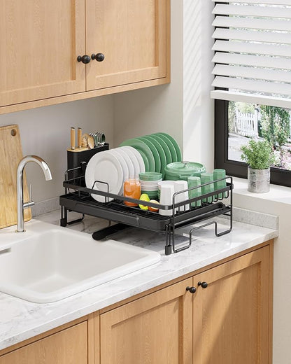Kitsure Extendable Dish Drying Rack - Adjustable Length 12.8"–21.0", Auto-Draining Dish Rack for Kitchen Counter, Rust-Resistant Metal Frame Over-Sink Support for Plates, Bowls & Utensils, Black - Image 8
